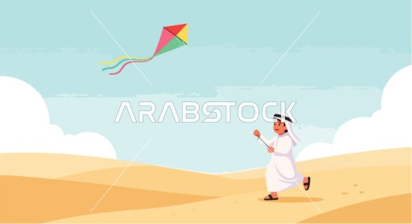 فيكتور رسم توضيحي لصبي صغير يرتدي الزي الإماراتي التقليدي يطير بفرح طائرة ورقية ملونة ،المناظر الطبيعية الصحراوية الشاسعة تحت سماء زرقاء مشرقة, فيكتور اليستريتور
