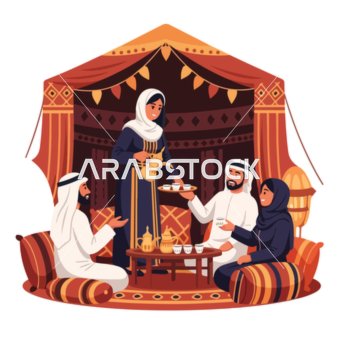 صب القهوة من الدلة النحاسية ،فيكتور رسم توضيحي لمجلس دافئ للضيافة العربية التقليدية، عائلة تستمتع بالقهوة داخل خيمة بدوية مزينة بشكل جميل، التراث الثقافي الغني, فيكتور اليستريتور