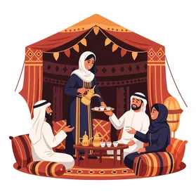 صب القهوة من الدلة النحاسية ،فيكتور رسم توضيحي لمجلس دافئ للضيافة العربية التقليدية، عائلة تستمتع بالقهوة داخل خيمة بدوية مزينة بشكل جميل، التراث الثقافي الغني, فيكتور اليستريتور