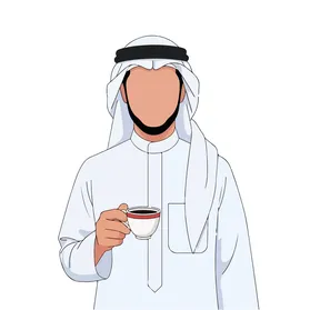 الاستمتاع بالمشروبات الساخنة، فيكتور رسم توضيحي جانبي لرجل عربي خليجي اماراتي يرتدي الكندورة والغترة يستمتع بشرب فنجان قهوة, فيكتور اليستريتور