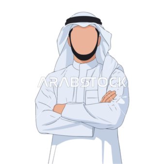 فيكتور رسم توضيحي لرجل عربي خليجي اماراتي يرتدي الكندورة والغترة يقف بايدي متقاطعة يقف بتعابير الثقة بالنفس, فيكتور اليستريتور