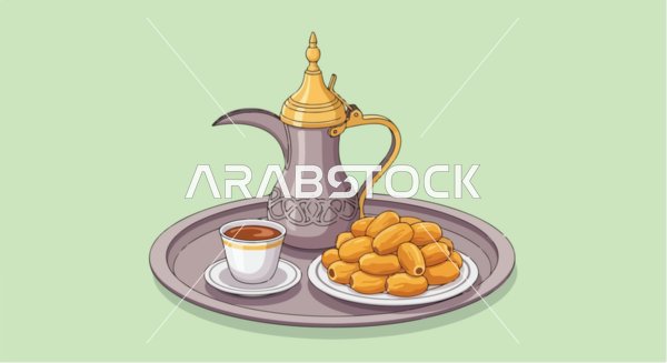 فيكتور رسم توضيحي للقهوة العربية التقليدية والتمر مقدمة على صينية، الضيافة والثقافة الشرق أوسطية, فيكتور اليستريتور