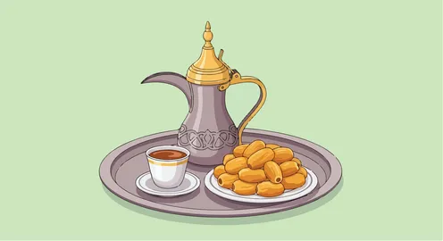 فيكتور رسم توضيحي للقهوة العربية التقليدية والتمر مقدمة على صينية، الضيافة والثقافة الشرق أوسطية, فيكتور اليستريتور