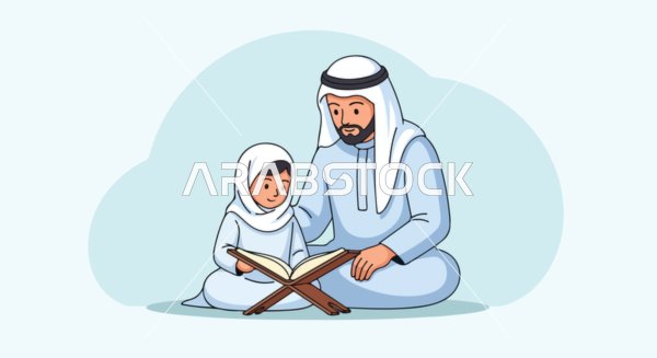 Vector illustration of a father teaching his young child to read from the Holy Quran, promoting faith and knowledge, vector illustrator.