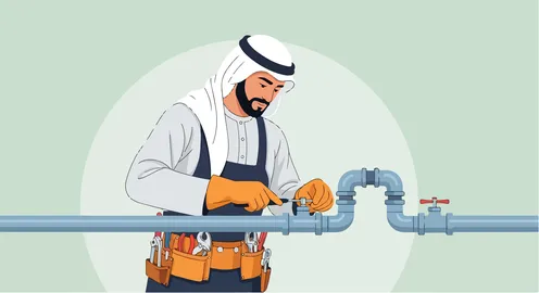 سباك إماراتي ماهر يصلح ببراعة نظام أنابيب معقد، يعرض الزي التقليدي والحرفية الحديثة بأسلوب توضيحي نابض بالحياة.