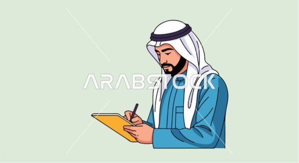 فيكتور رسم توضيحي لرجل عربي اماراتي يرتدي الزي التقليدي يدون ملاحظاته بتركيز على حافظة صفراء ، كتابة الملاحظات , فيكتور اليستريتور
