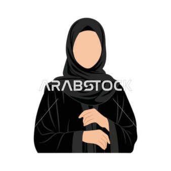 فيكتور رسم توضيحي لسيدة مسلمة أنيقة ترتدي عباءة سوداء وحجاب تقليدي تقف بايماءات الثقة بالنفس ، الحشمة والرقي الثقافي , فيكتور اليستريتور