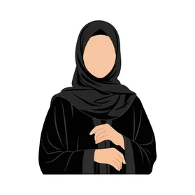 فيكتور رسم توضيحي لسيدة مسلمة أنيقة ترتدي عباءة سوداء وحجاب تقليدي تقف بايماءات الثقة بالنفس ، الحشمة والرقي الثقافي , فيكتور اليستريتور