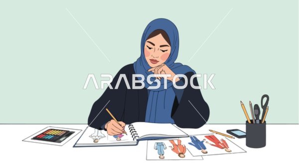 فيكتور رسم توضيحي لمصممة أزياء ترتدي العباءة والحجاب ترسم مجموعتها الأخيرة، عرض الإبداع والتعبير الثقافي في عالم التصميم الحديث، فيكتور اليستريتور