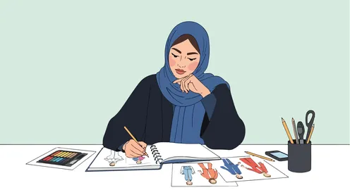 فيكتور رسم توضيحي لمصممة أزياء ترتدي العباءة والحجاب ترسم مجموعتها الأخيرة، عرض الإبداع والتعبير الثقافي في عالم التصميم الحديث، فيكتور اليستريتور