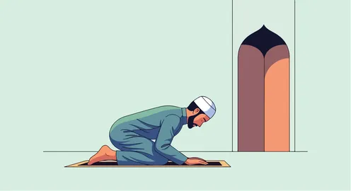 Vector illustration of a Muslim man prostrating before God in a mosque during a moment of prayer and humility, faith and spiritual connection, vector illustrator.