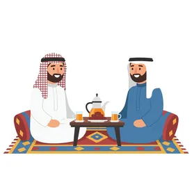 فيكتور رسم توضيحي لرجلان عربيان خليجيان امارتيان يرتديان الكندورة والغترة يتشاركان الشاي والتمر بأسلوب تقليدي، تعزيز الصداقة والتراث الثقافي ،فيكتور اليستريتور