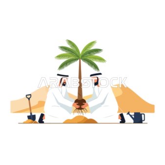فيكتور رسم توضيحي لرجلان عربيان خليجيان اماراتيان يرتديان الزي التقليدي يقومان بزراعة نخلة في الصحراء، النمو والاستدامة في البيئة القاحلة، فيكتور اليستريتور