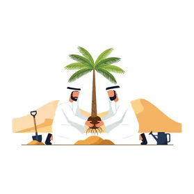 فيكتور رسم توضيحي لرجلان عربيان خليجيان اماراتيان يرتديان الزي التقليدي يقومان بزراعة نخلة في الصحراء، النمو والاستدامة في البيئة القاحلة، فيكتور اليستريتور