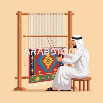 فيكتور رسم توضيحي لرجل بدوي تقليدي اماراتي  يرتدي الكندورة والغترة ينسج ببراعة سجادة هندسية معقدة على نول خشبي، مظهر التراث والحرفية ، فيكتور اليستريتور