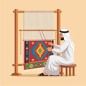 فيكتور رسم توضيحي لرجل بدوي تقليدي اماراتي  يرتدي الكندورة والغترة ينسج ببراعة سجادة هندسية معقدة على نول خشبي، مظهر التراث والحرفية ، فيكتور اليستريتور