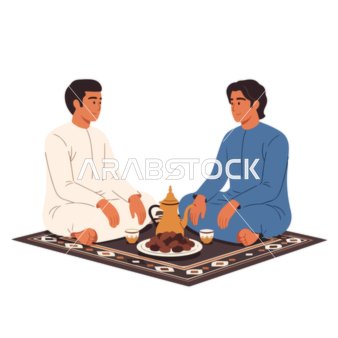 فيكتور رسم توضيحي لرجلان عربيان سعوديان يرتديان الزي التقليدي يستمتعان بحديث دافئ مع التمر والقهوة العربية، كرم الضيافة والصداقة في الشرق الأوسط، فيكتور اليستريتور