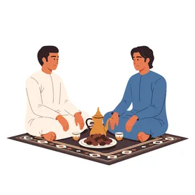 فيكتور رسم توضيحي لرجلان عربيان سعوديان يرتديان الزي التقليدي يستمتعان بحديث دافئ مع التمر والقهوة العربية، كرم الضيافة والصداقة في الشرق الأوسط، فيكتور اليستريتور