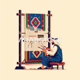 فيكتور رسم توضيحي لحرفي عربي ينسج سجادة بأنماط هندسية معقدة على نول تقليدي، براعة صناعة النسيج القديمة، فيكتور اليستريتور