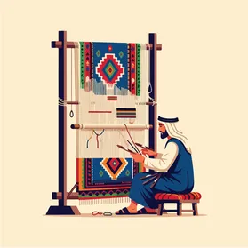 فيكتور رسم توضيحي لحرفي عربي ينسج سجادة بأنماط هندسية معقدة على نول تقليدي، براعة صناعة النسيج القديمة، فيكتور اليستريتور