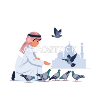 Vector illustration of a Saudi Arabian Gulf boy wearing traditional attire gently feeding a flock of pigeons in front of a silhouette of a mosque, concept of kindness and compassion, vector illustrator.