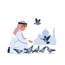 Vector illustration of a Saudi Arabian Gulf boy wearing traditional attire gently feeding a flock of pigeons in front of a silhouette of a mosque, concept of kindness and compassion, vector illustrator.