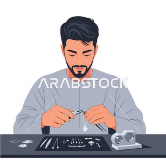 صائغ مجوهرات شرق أوسطي ماهر يصنع قطعة مجو فيكتور رسم توضيحي لصائغ مجوهرات شرق أوسطي ماهر يصنع قطعة مجوهرات دقيقة بدقة على طاولة عمله، مهن ووظائف ، فيكتور اليستريتورهرات دقيقة بدقة على طاولة عمله.