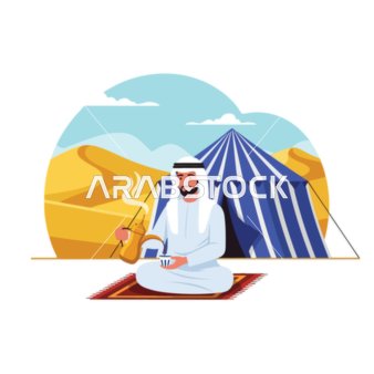 Vector illustration of a Saudi Arabian Gulf man wearing traditional attire enjoying a warm cup of coffee from a dallah, sitting on a rug outside a tent in a serene desert landscape, showcasing authentic Arab hospitality and culture, vector illustrator.