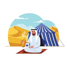 فيكتور رسم توضيحي لرجل عربي خليجي سعودي يرتدي الزي التقليدي يستمتع بفنجان قهوة دافئ من الدلة، يجلس على سجادة خارج خيمة في منظر صحراوي هادئ، الضيافة والثقافة العربية الأصيلة، فيكتور اليستريتور