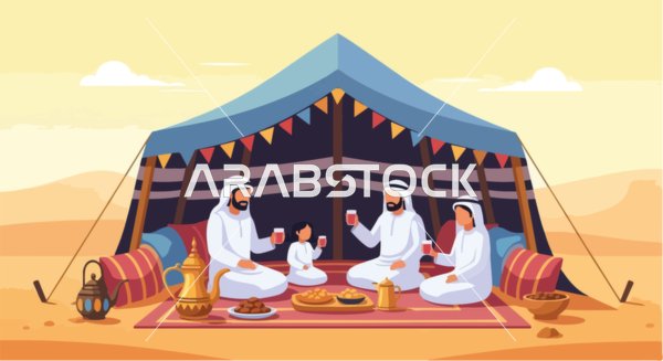 فيكتور رسم توضيحي لعائلة إماراتية تستمتع بالضيافة التقليدية تحت خيمة بدوية، مشاركة المشروبات والتمور، لقاء صحراوي دافئ، فيكتور اليستريتور