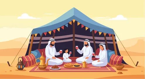 فيكتور رسم توضيحي لعائلة إماراتية تستمتع بالضيافة التقليدية تحت خيمة بدوية، مشاركة المشروبات والتمور، لقاء صحراوي دافئ، فيكتور اليستريتور