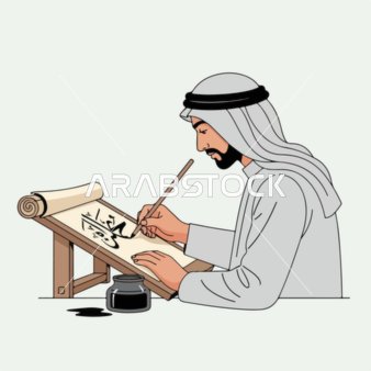 Vector illustration of a skilled Arab calligrapher wearing a kandura and ghutrah, meticulously crafting the beautiful art of Arabic calligraphy on a manuscript, embodying rich artistic heritage, vector illustrator.