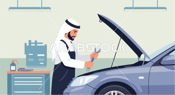 فيكتور رسم توضيحي لميكانيكي عربي ماهر يرتدي الكندورة والغترة يقوم بإصلاح محرك سيارة في ورشة حديثة ، مهن ووظائف ، فيكتور اليستريتور