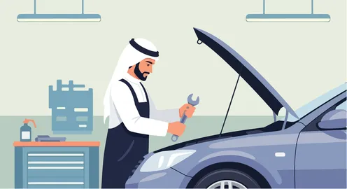 فيكتور رسم توضيحي لميكانيكي عربي ماهر يرتدي الكندورة والغترة يقوم بإصلاح محرك سيارة في ورشة حديثة ، مهن ووظائف ، فيكتور اليستريتور