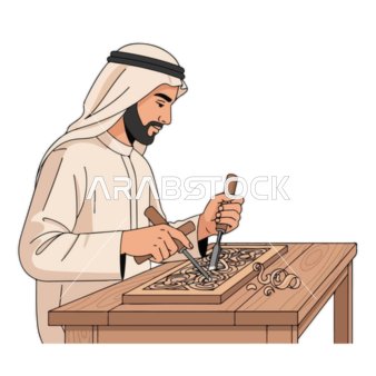 Vector illustration of a skilled Arab craftsman wearing a kandura and ghutrah, meticulously carving intricate patterns in wood, a masterpiece of craftsmanship, professions and jobs, vector illustrator.
