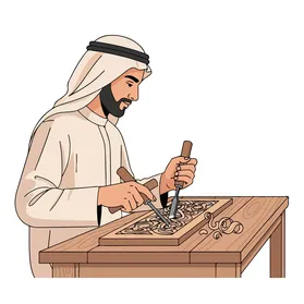 Vector illustration of a skilled Arab craftsman wearing a kandura and ghutrah, meticulously carving intricate patterns in wood, a masterpiece of craftsmanship, professions and jobs, vector illustrator.