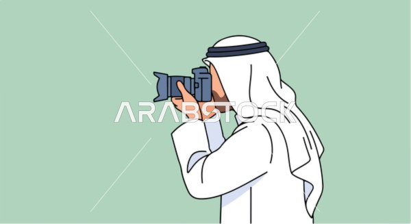 Vector illustration of a skilled Emirati photographer wearing a kandura and ghutrah, an artisan narrating visual stories in the Middle East, capturing memorable photos, professions and jobs, vector illustrator.