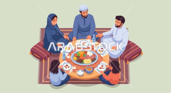 Vector illustration of a Saudi family gathering around a table enjoying a delicious meal together, showcasing hospitality and warm welcome, vector illustrator.