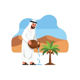 فيكتور رسم توضيحي لرجل عربي خليجي اماراتي  يرتدي الكندورة والغترة يروي نخلة صغيرة في الصحراء القاحلة، الاهتمام بالخضرة والزروع ،الرعاية والنمو المستدام في البيئات الصعبة، فيكتور اليستريتور