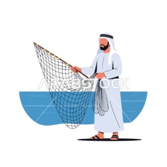 فيكتور رسم توضيحي لصيادعربي خليجي اماراتي  يرتدي الكندورة والغترة يجهز شبكته بجانب الماء، ممارسة ثقافية خالدة، مهن ووظائف، فيكتور اليستريتور