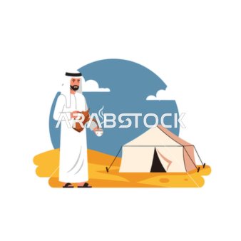 فيكتور رسم توضيحي لرجل عربي خليجي اماراتي  يرتدي الكندورة والغترة يصب القهوة من الدلة النحاسية ، مخيم صحراوي هادئ ،كرم الضيافة ، فيكتور اليستريتور