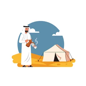 فيكتور رسم توضيحي لرجل عربي خليجي اماراتي  يرتدي الكندورة والغترة يصب القهوة من الدلة النحاسية ، مخيم صحراوي هادئ ،كرم الضيافة ، فيكتور اليستريتور