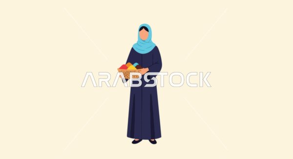 امرأة مسلمة ترتدي حجابًا أزرق وعباءة تحمل سلة من الفواكه والخضروات الملونة، ترمز إلى الوفرة والأكل الصحي.