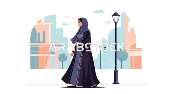 فيكتور رسم توضيحي لامرأة عربية خليجية سعودية ترتدي العباءة والحجاب  تسير في شارع مدينة حديثة بتعابير الثقة بالنفس ، مفهوم الاناقة والاهتمام بالمظهر الخارجي، فيكتور اليستريتور