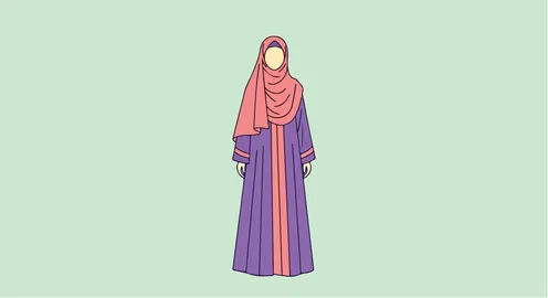 Vector illustration of a Saudi Gulf Arab woman wearing a purple abaya and a pink hijab, standing with expressions of self-confidence, embodying elegance and attention to external appearance, vector illustrator.