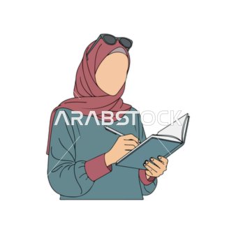 امرأة مفكرة ترتدي الحجاب، تكتب في دفتر ملاحظاتها، ونظاراتها الشمسية، تلتقط لحظة إلهام.