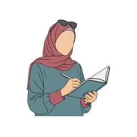 امرأة مفكرة ترتدي الحجاب، تكتب في دفتر ملاحظاتها، ونظاراتها الشمسية، تلتقط لحظة إلهام.