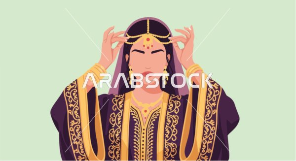 Vector illustration of a Saudi Gulf Arab woman wearing an abaya and hijab, adorned with jewelry and traditional golden attire, concept of cultural beauty, vector illustrator.
