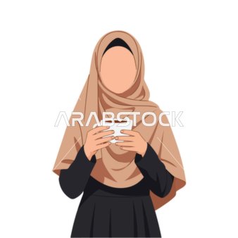 فيكتور رسم توضيحي لامرأة عربية خليجية سعودية ترتدي العباءة والحجاب تمسك بيدها كوب دافئ من القهوة أو الشاي بلطف، تعابير السلام والتأمل الهادئ، الاستمتاع بالمشروبات الساخنة ،  فيكتور اليستريتور