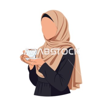 فيكتور رسم توضيحي لامرأة عربية خليجية سعودية ترتدي العباءة والحجاب تمسك بيدها كوب دافئ من القهوة أو الشاي بلطف، تعابير السلام والتأمل الهادئ، الاستمتاع بالمشروبات الساخنة ،  فيكتور اليستريتور